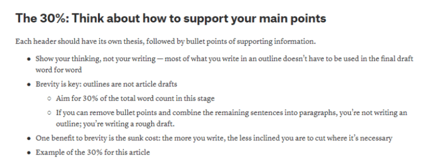 Writing guide titled "The 30%: Think about how to support your main points" with instructional bullet points about creating brief outlines.