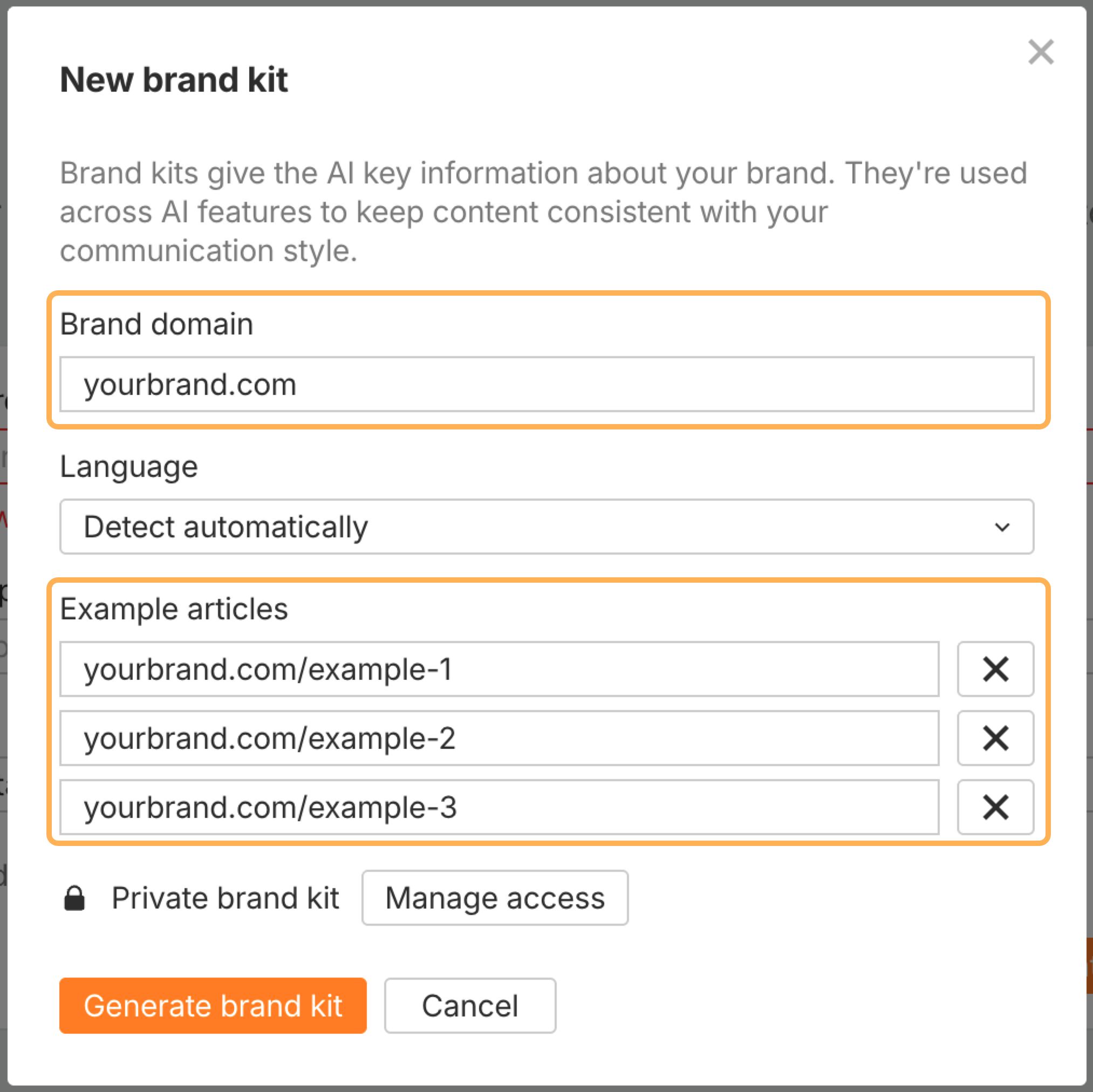 Ahrefs' Brand Kit feature in AI Content Helper.