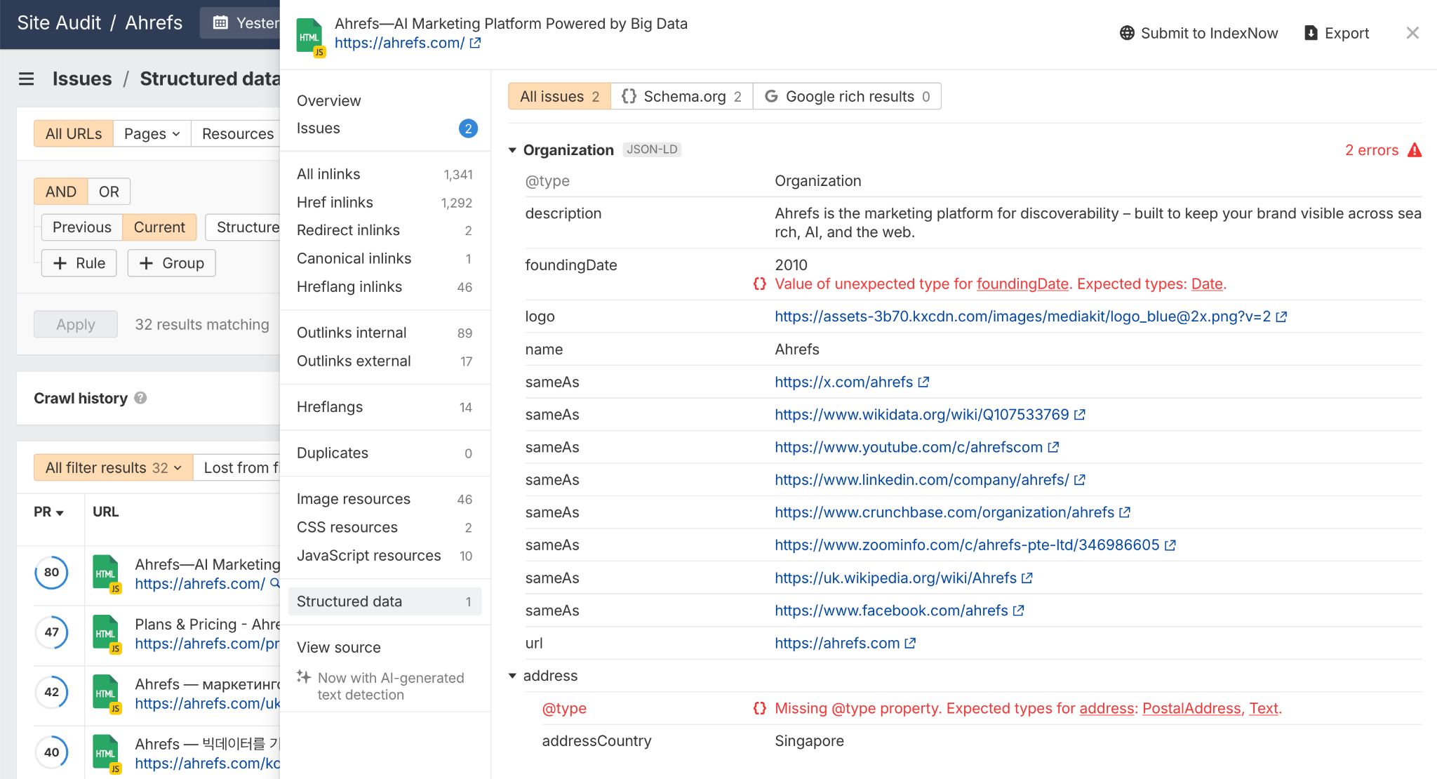 Ahrefs site audit interface showing structured data issues for the Organization schema, with 2 errors related to foundingDate type and missing @type property.
