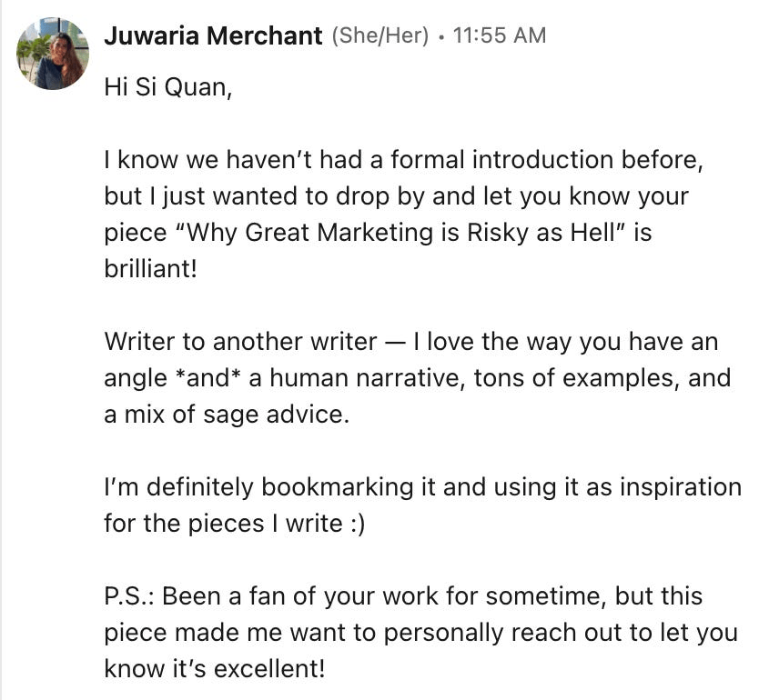 DM from another writer appreciating one of my posts