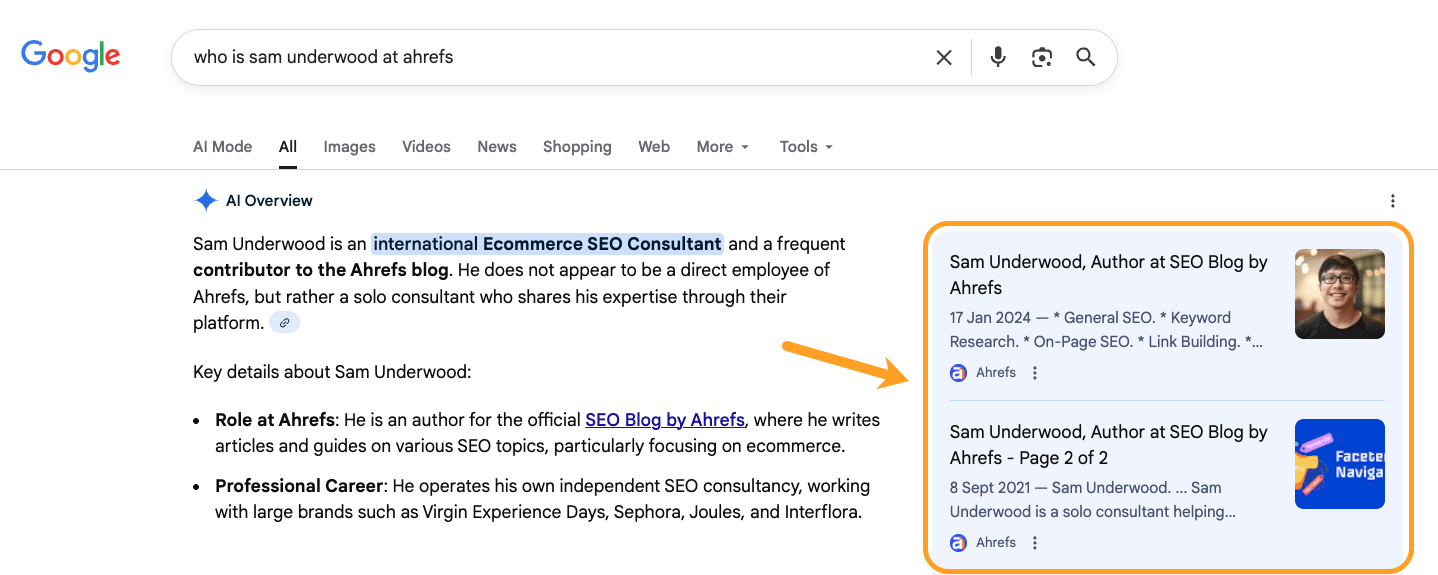 Google search results for "who is sam underwood at ahrefs" showing AI Overview and author profile cards