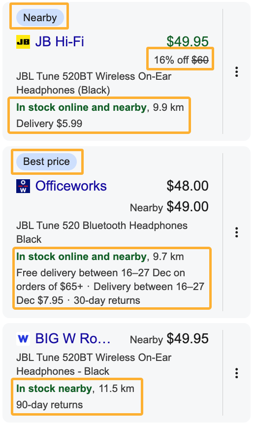 Google's product cards featuring multiple retailers where a product is available along with the price, availability and sale information for each.