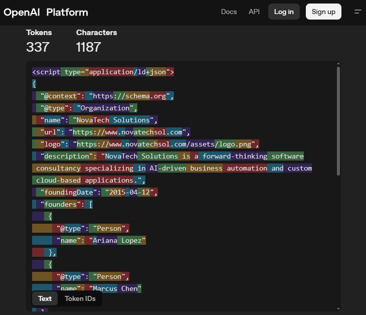 JSON-LD structured data for NovaTech Solutions organization with founders Ariana Lopez and Marcus Chen, shown in code editor