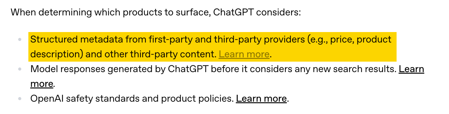 Text describing ChatGPT's product surfacing criteria, with first bullet point highlighted in yellow about structured metadata from providers.