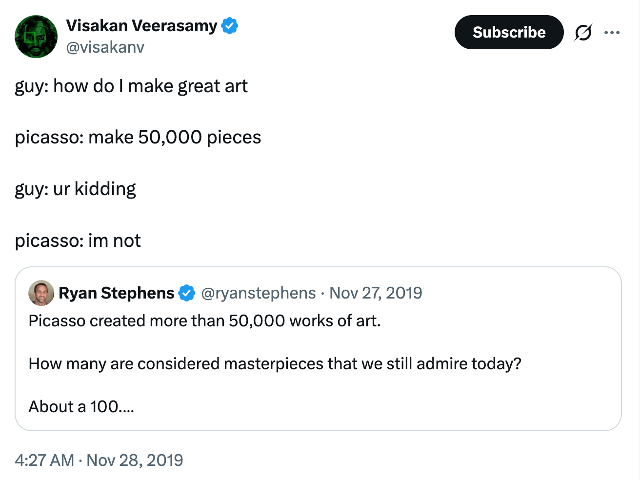 Tweet from Visakan showing how prolific Picasso was