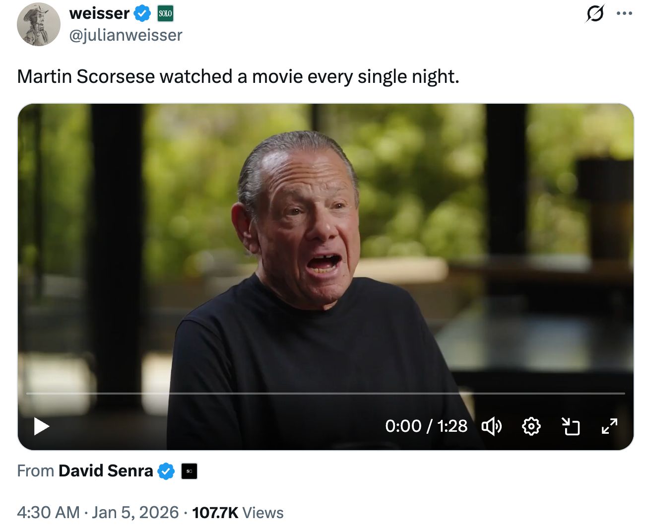 Tweet from Weisser saying Martin Scorsese watched a movie every night