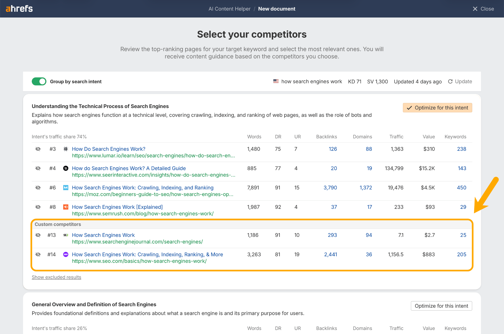 How to select custom competitors in Ahrefs AI Content Helper