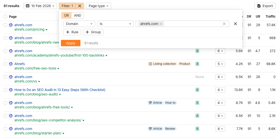 Screenshot of Ahrefs Brand Radar showing filtered search results for ahrefs.com domain with 61 chatgpt cited pages listed, displaying metrics like DR, UR, and traffic.