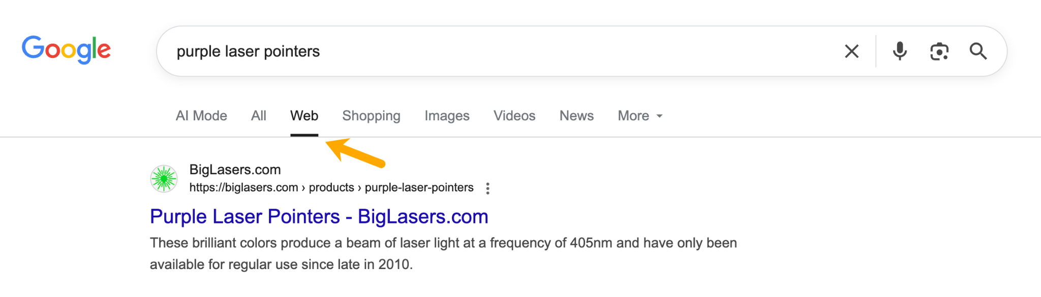 A Google search results page for "purple laser pointers." An orange arrow points to "Web" results, which is highlighted.