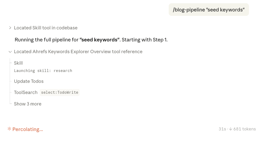 A log shows a "blog-pipeline" running for "seed keywords", launching a "research" skill and a "TodoWrite" tool.