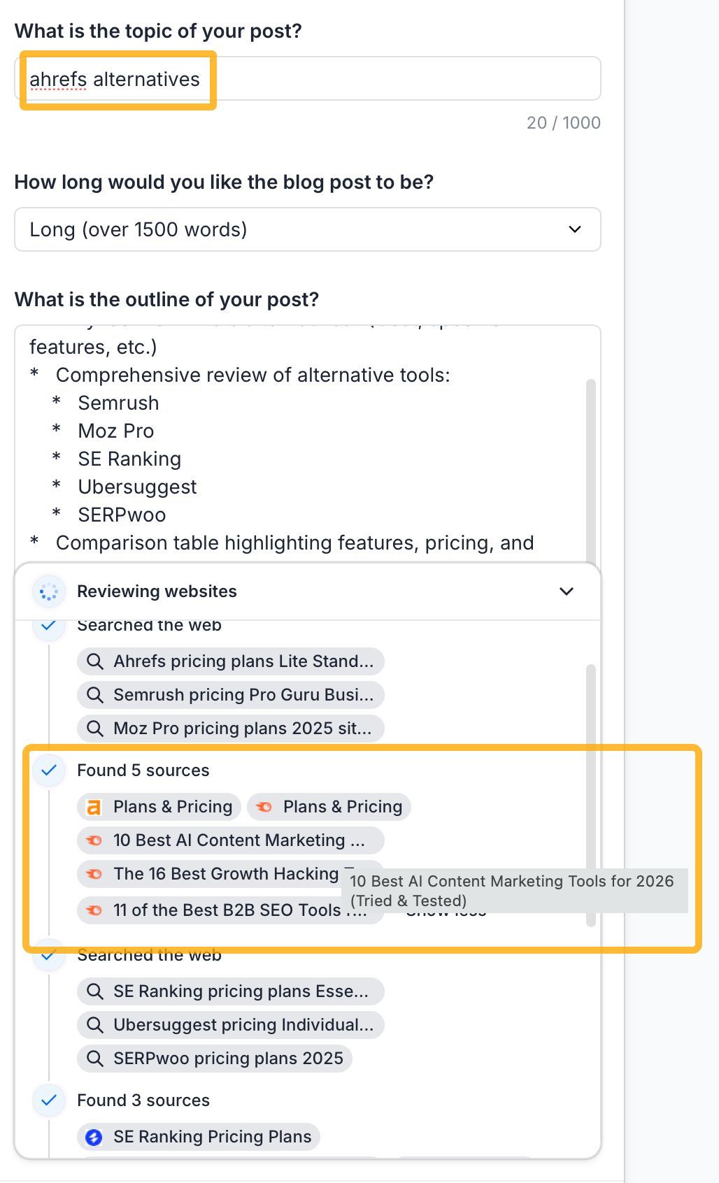 A screenshot of a content creation tool with the topic "ahrefs alternatives" and a blog post outline on SEO tool alternatives.