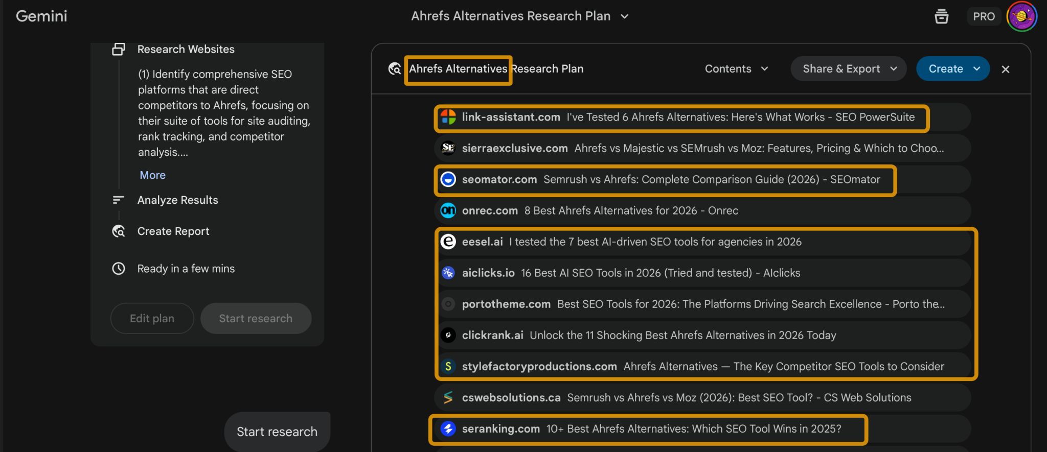 A screenshot of a digital assistant's interface for "Ahrefs Alternatives Research Plan." It lists research steps and website results.