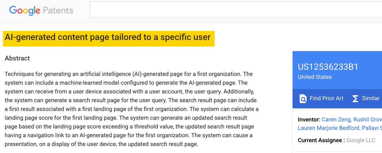 A screenshot of a Google Patents page for "AI-generated content page tailored to a specific user," detailing an abstract.