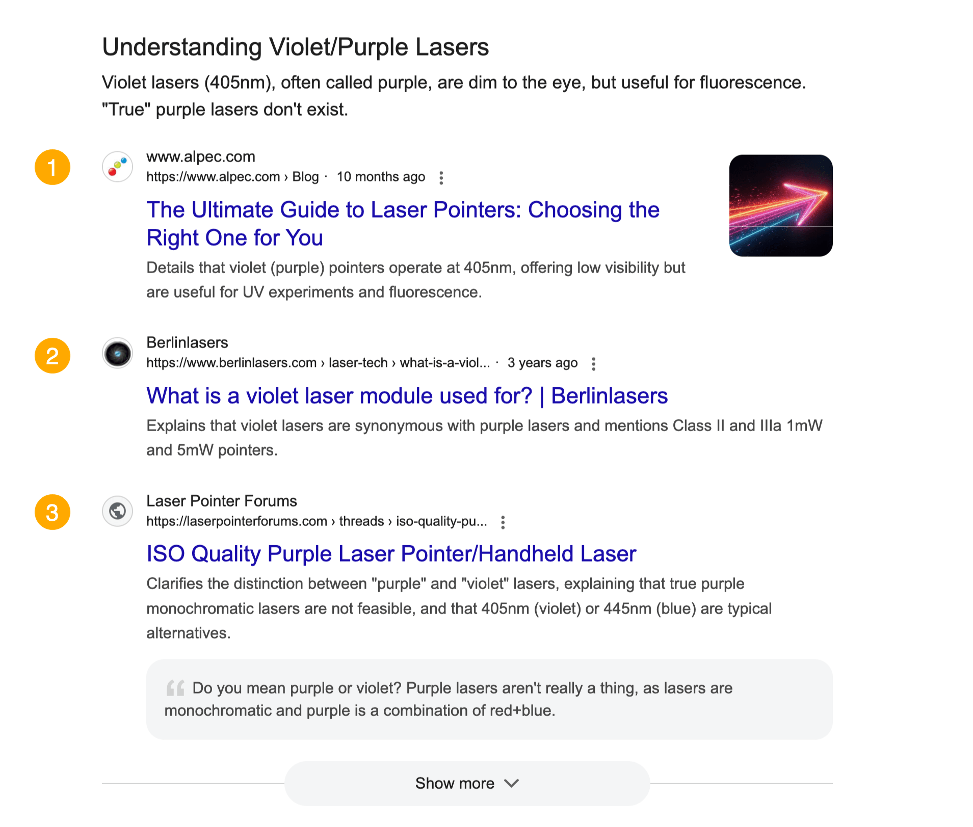 A screenshot showing search results for "Understanding Violet/Purple Lasers," with info on laser types and uses.
