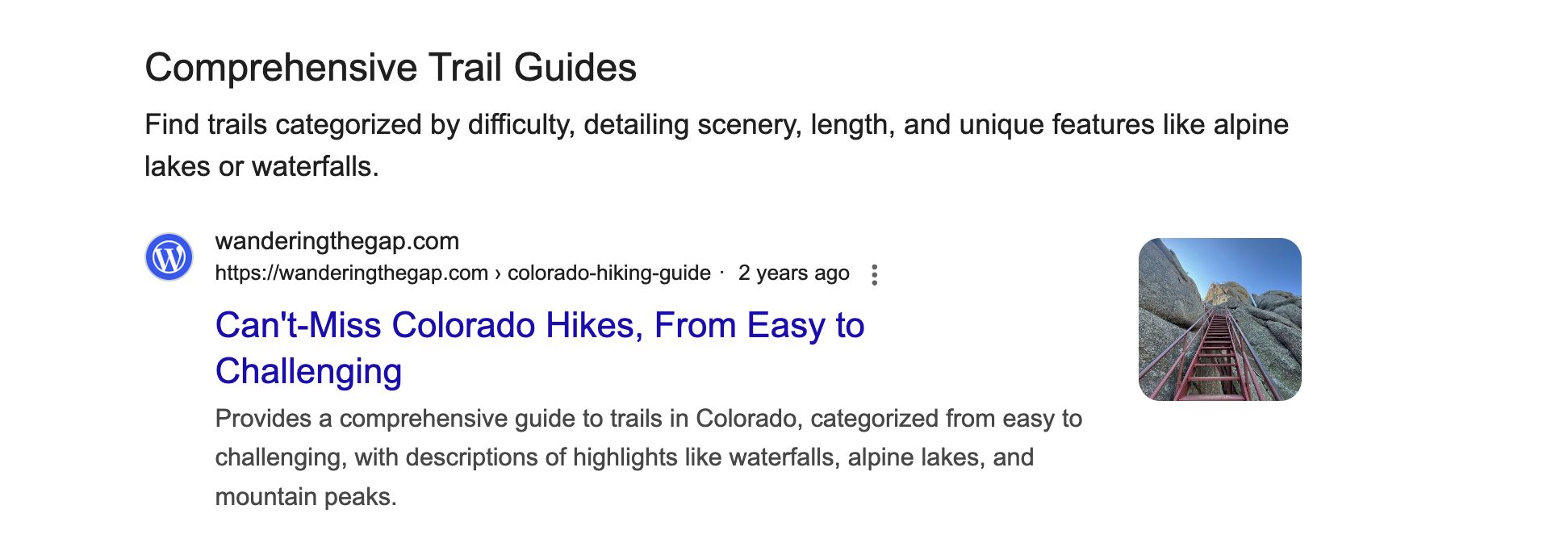 A search result for "Comprehensive Trail Guides" with a link to "wanderingthegap.com" about Colorado hikes.