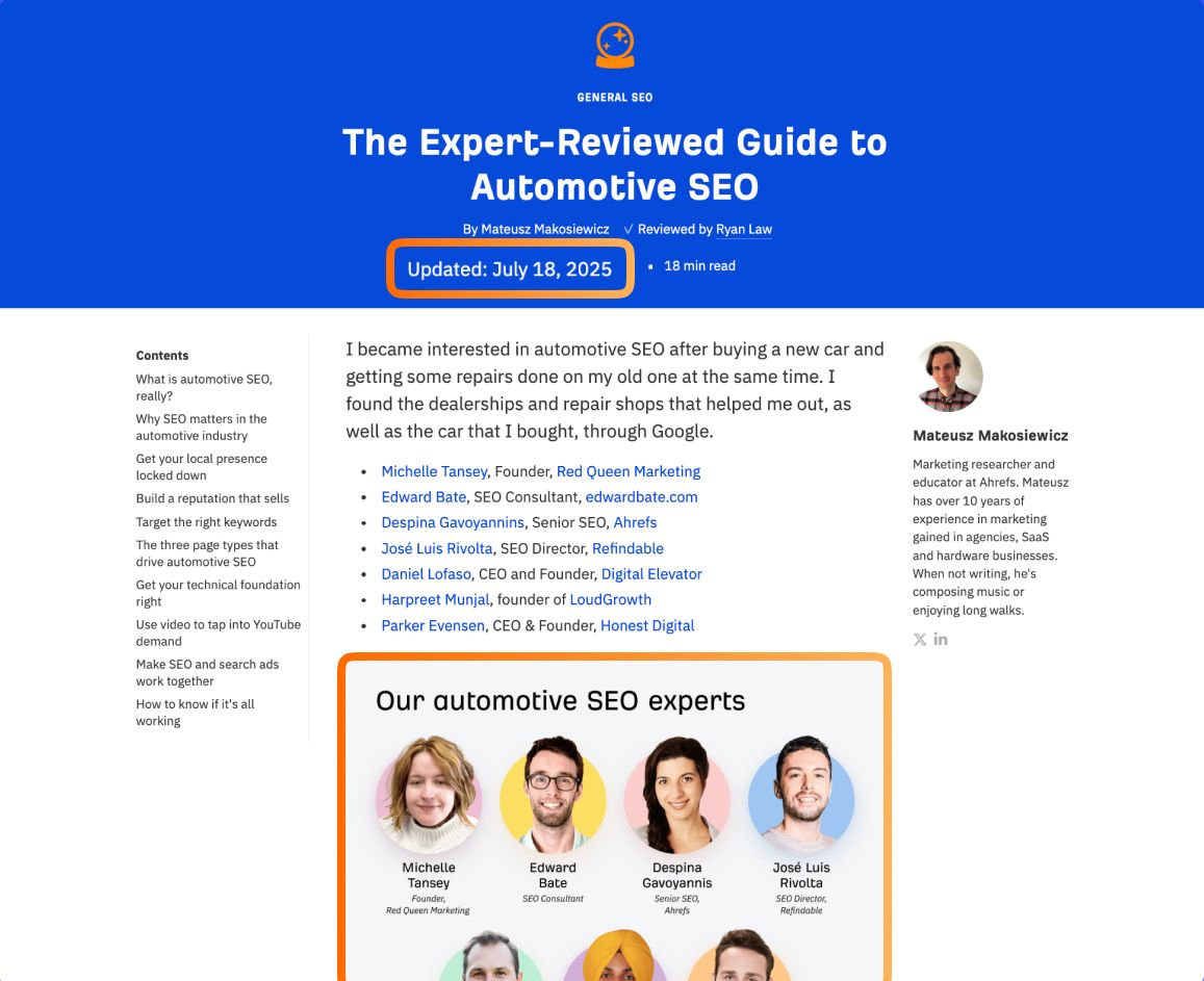 A webpage titled "The Expert-Reviewed Guide to Automotive SEO," updated in 2025, with content, author, and expert details.