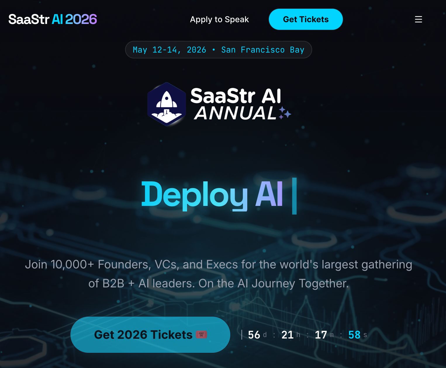 A website for SaaStr AI 2026, featuring a logo, dates, location, and call to action for tickets and to speak.
