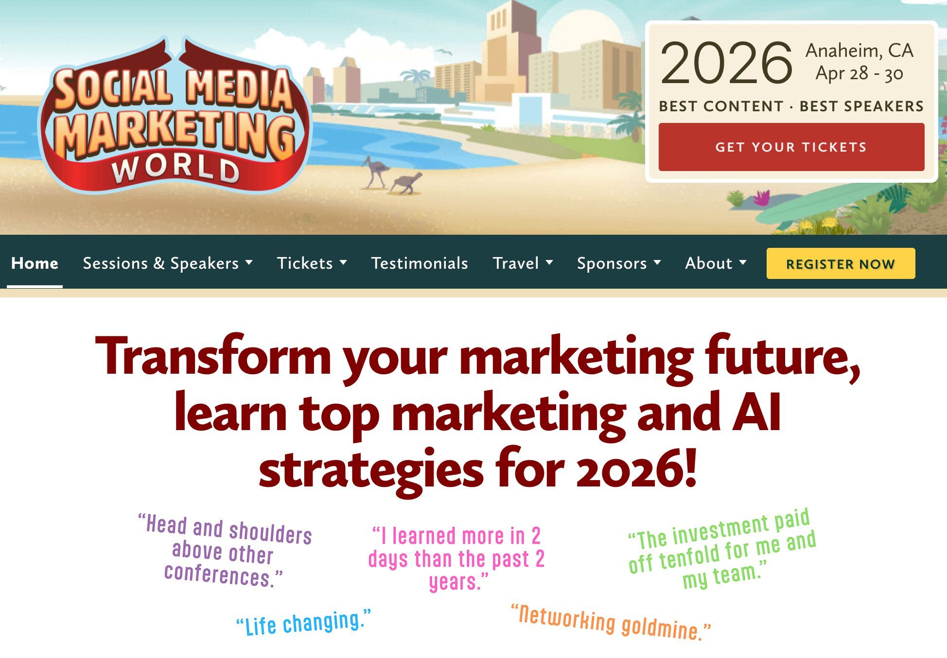 A website homepage for "Social Media Marketing World 2026" with event details, navigation, and testimonials.