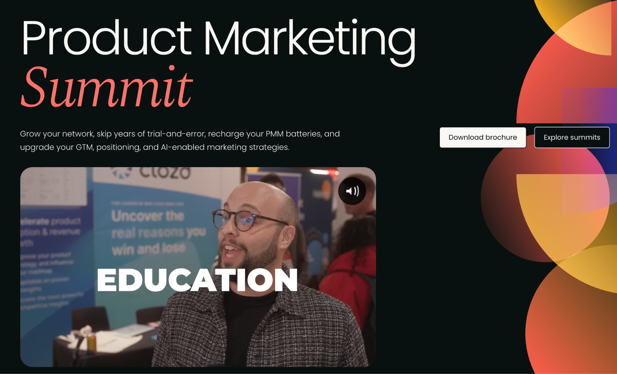 "Product Marketing Summit" banner with video of speaker. "Download brochure" and "Explore summits" buttons.