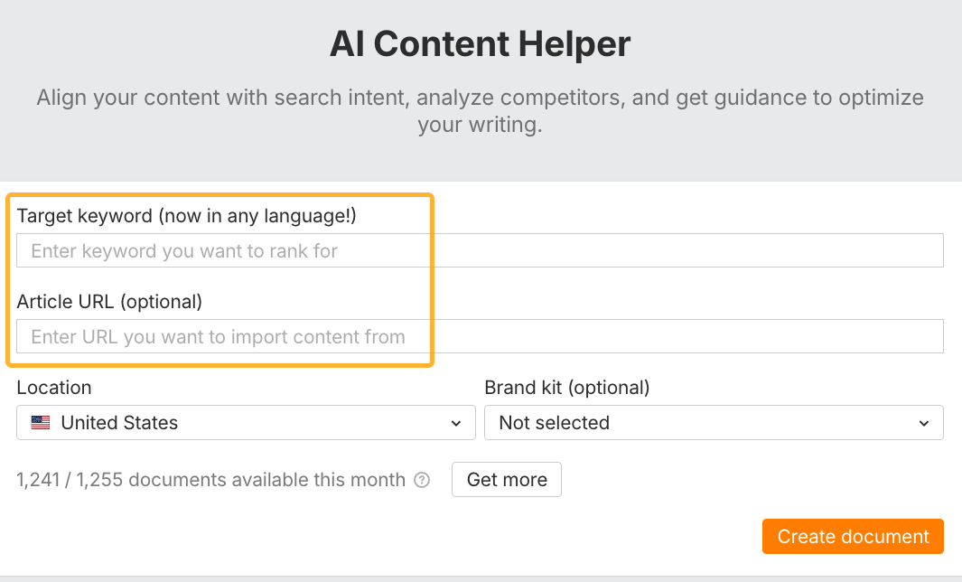 Set-up screen for Ahrefs' AI Content Helper