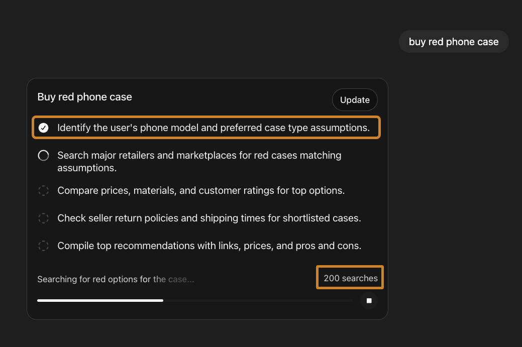 Snapshot of ChatGPT Deep Research indicating the independent steps the model would take to answer the query "buy red phone case" with over 200 searches performed for the first step of "Identify the user's phone model and preferred case type assumptions."