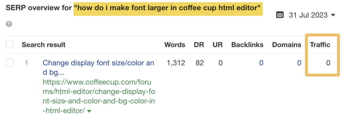 Top-ranking page getting zero traffic example, via Ahrefs' Keywords Explorer 