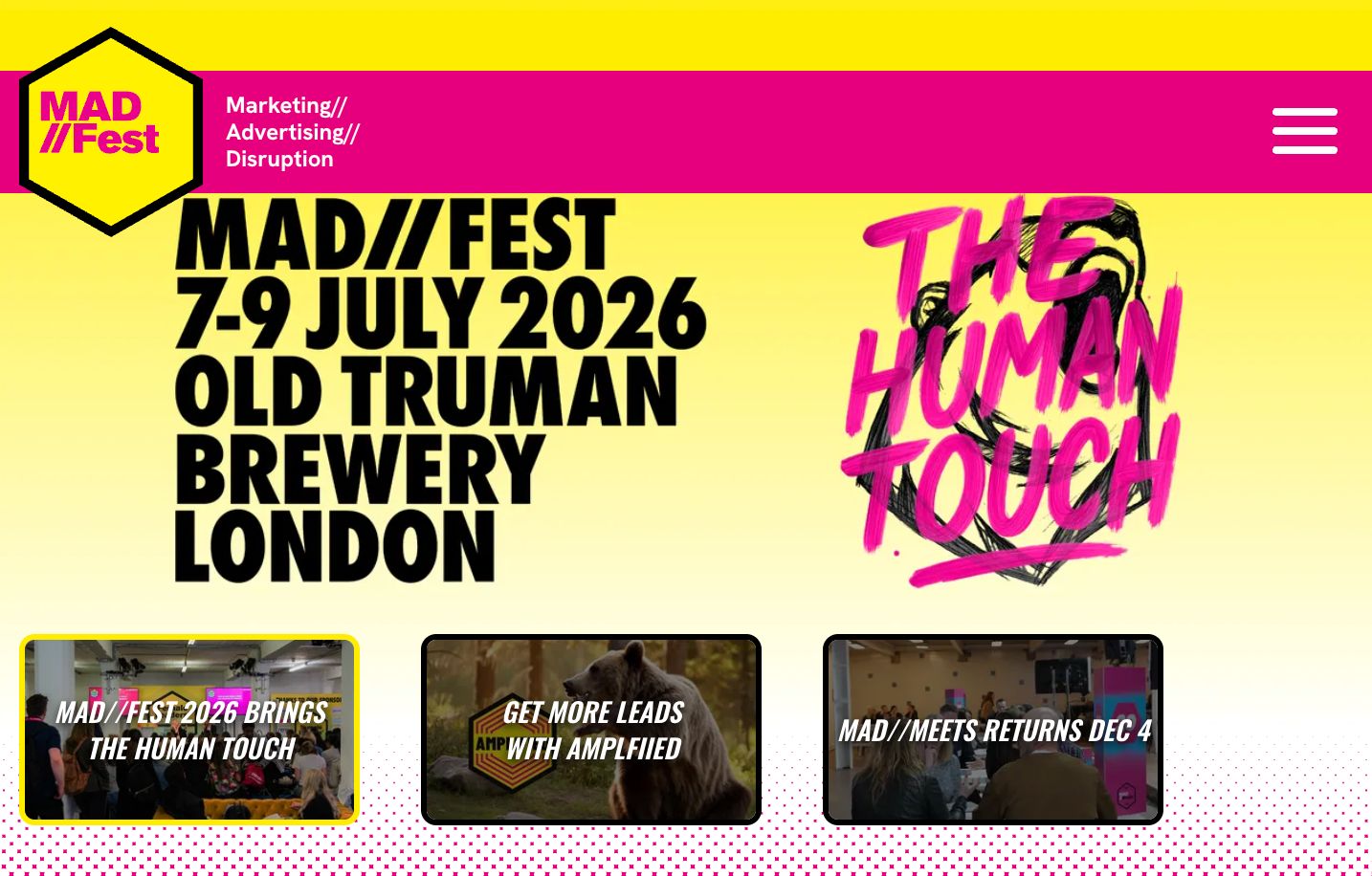 Website screenshot for MAD//FEST, an event for "Marketing// Advertising// Disruption" on 7-9 July 2026.