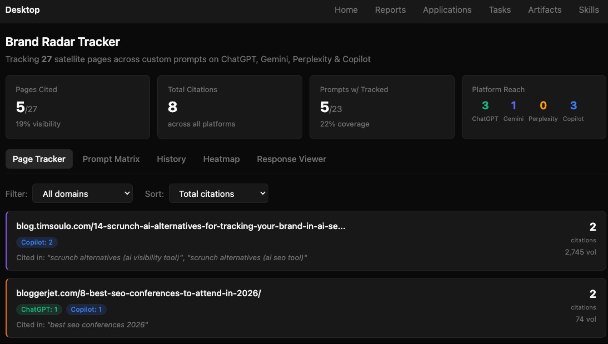 A "Brand Radar Tracker" application layout detailing platform search reach index ratings for 27 tracked satellite URLs across Copilot, Perplexity, Gemini, and ChatGPT windows. Screen from Agent A.