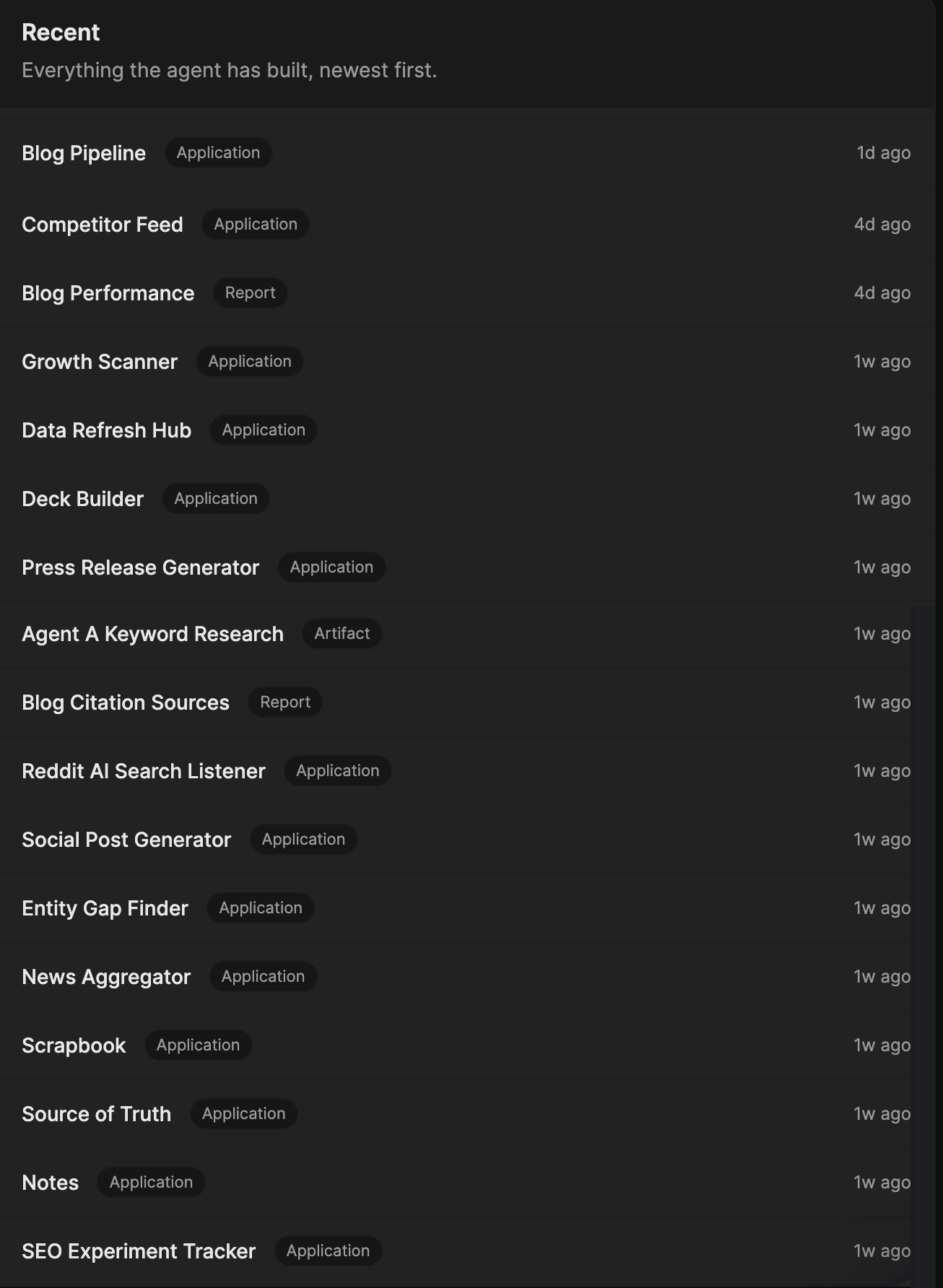 A "Recent" list of applications, reports, and artifacts the agent has built, with creation times like "1d ago" and "1w ago".