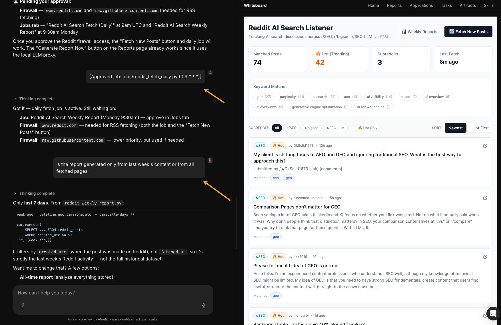 A Reddit AI Search Listener interactive hub displaying volume cards for relevant industry mentions alongside a targeted content feed streaming filtered community questions from subreddits like r/SEO.
