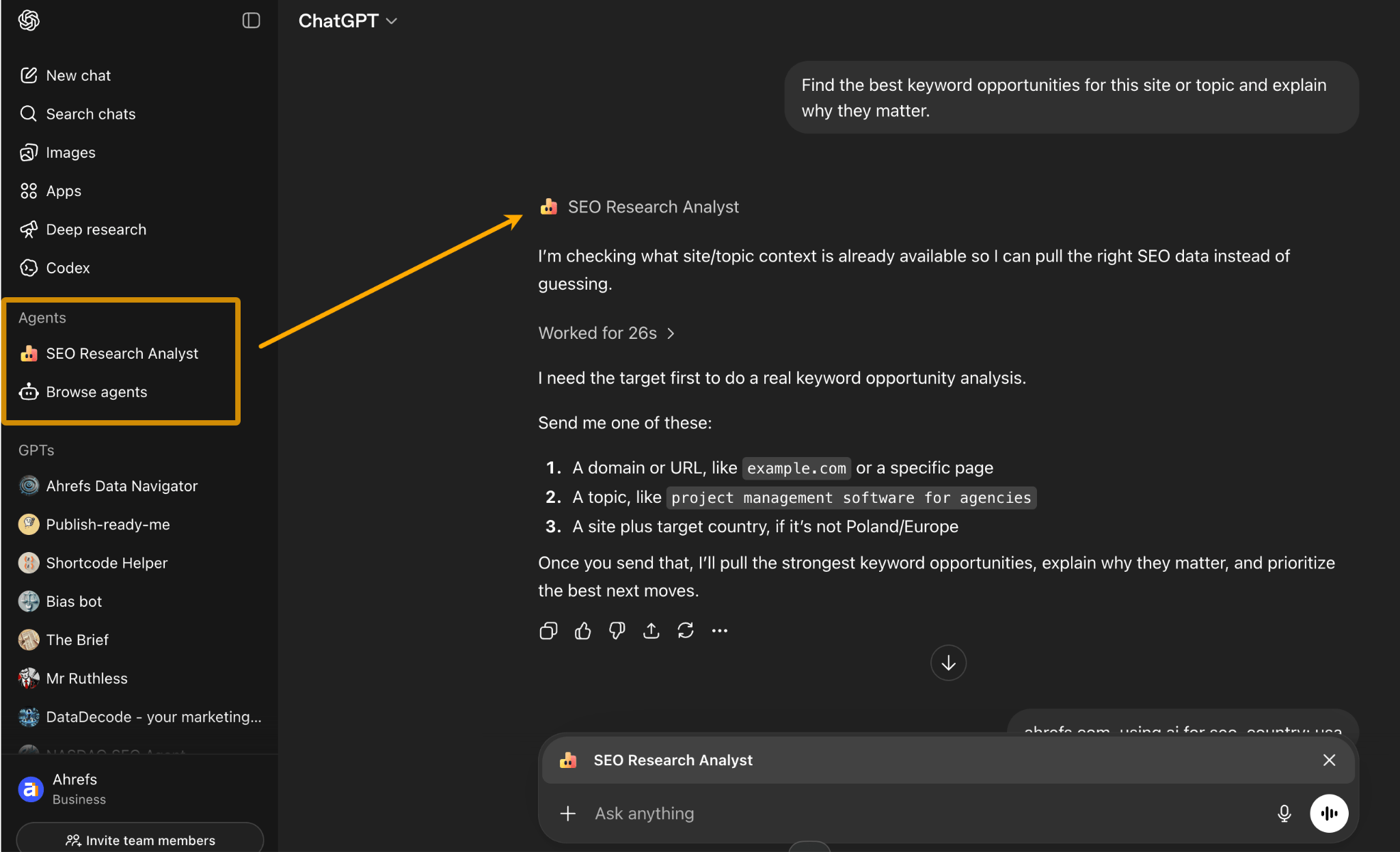 A screenshot of the ChatGPT interface highlighting a custom agent named "SEO Research Analyst." The agent is responding to a prompt about keyword opportunities by asking the user to provide a domain, topic, or target country to begin the analysis.
