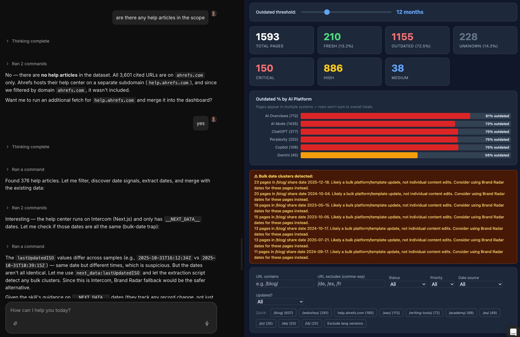 A source citation audit dashboard tracking stale context metrics against a 12-month outdated threshold, showcasing structural percentages of fresh versus outdated platform references from Gemini, Copilot, ChatGPT, and Perplexity. Screen from Agent A.