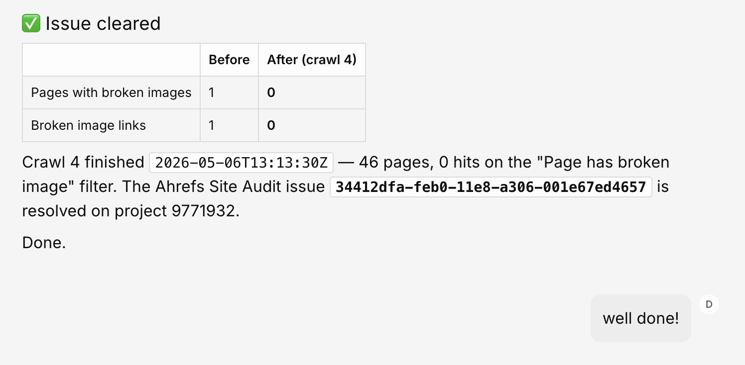 An "Issue cleared" confirmation dialogue box comparing broken content criteria before and after a site crawl, demonstrating a drop from one broken link to zero following an automated script fix.
