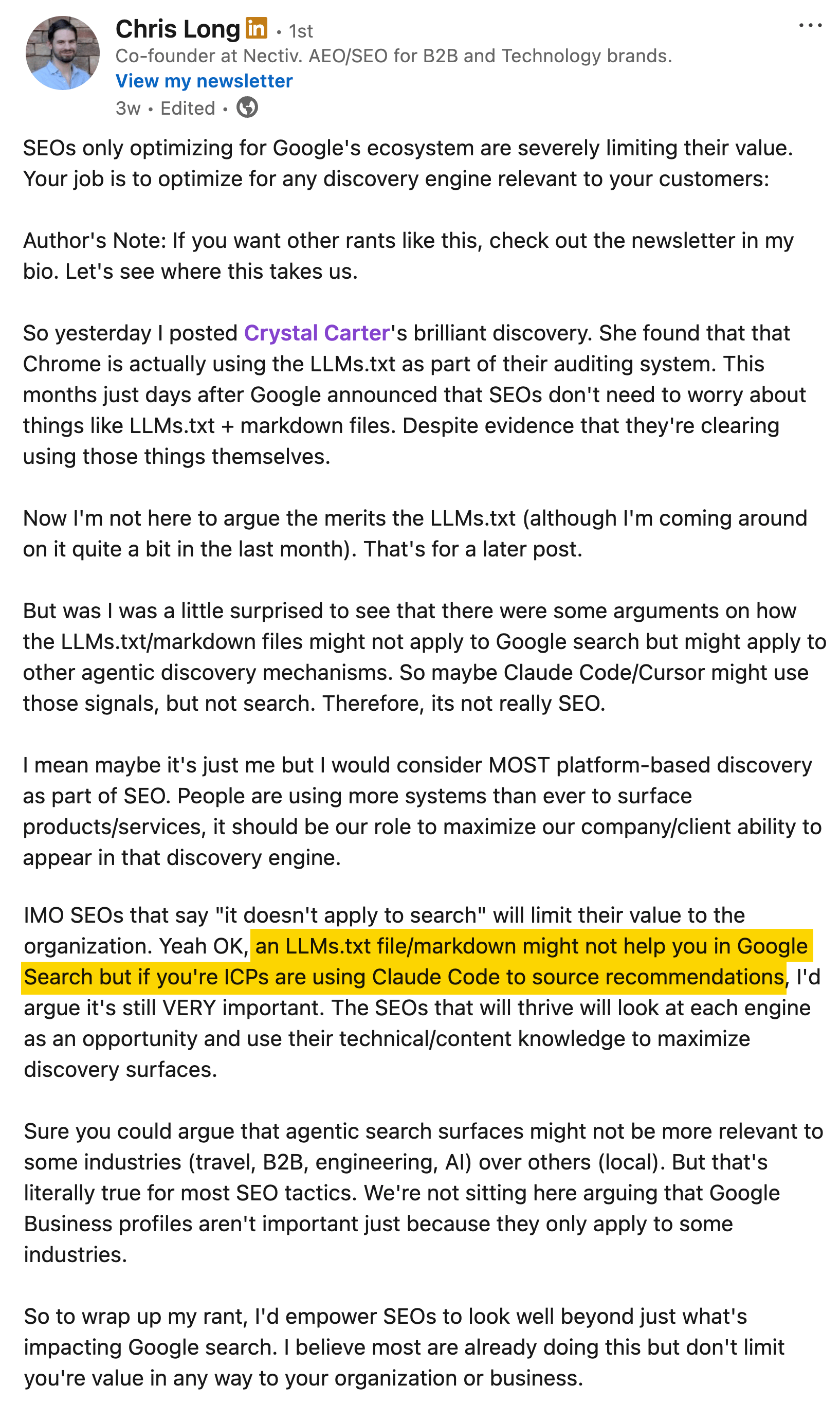 LinkedIn post by Chris Long about LLMs.txt and its relevance to SEO beyond Google Search, with highlighted text.