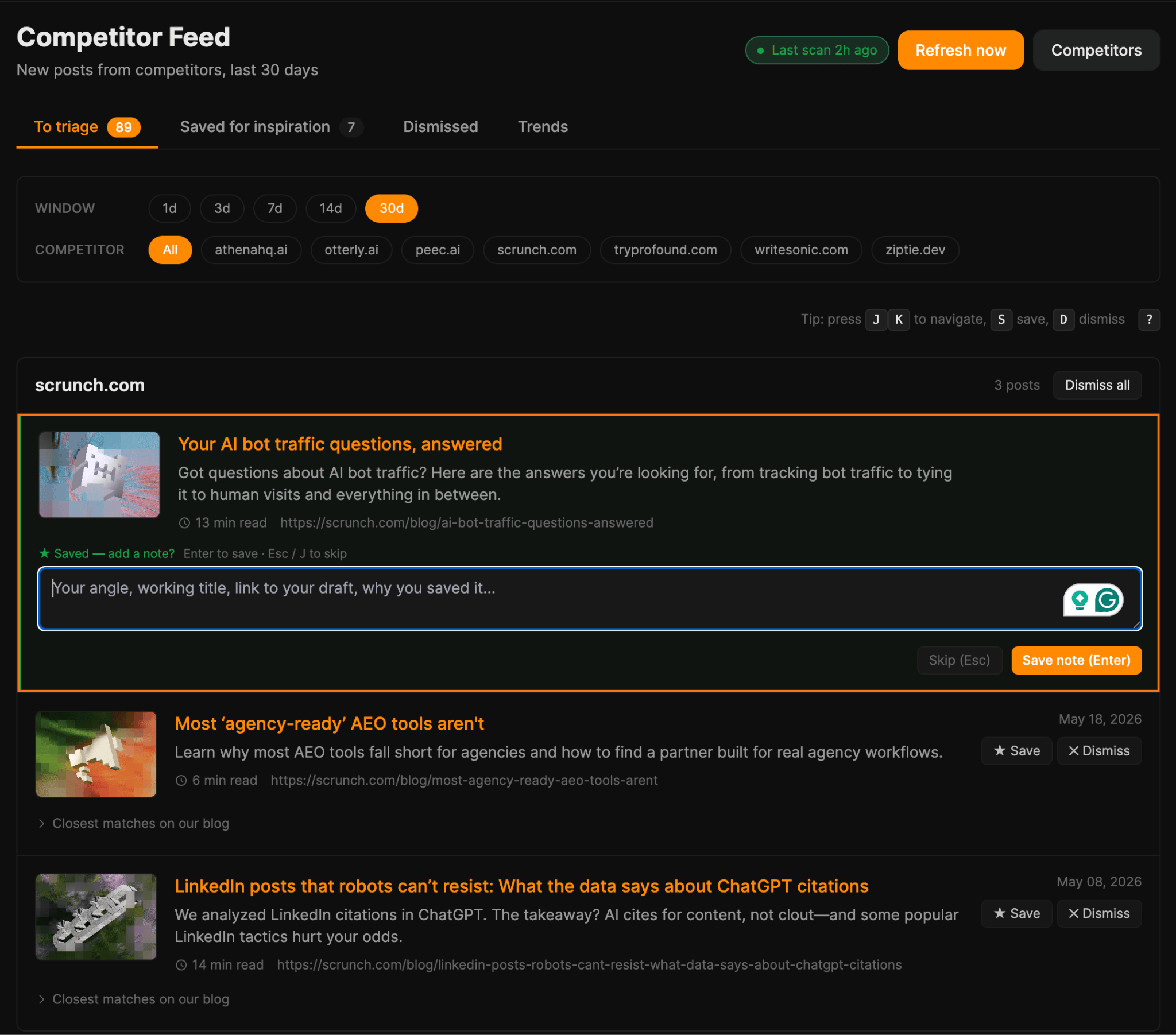 A screenshot of a "Competitor Feed" dashboard, showing blog posts from competitors with options to triage, save, or dismiss.