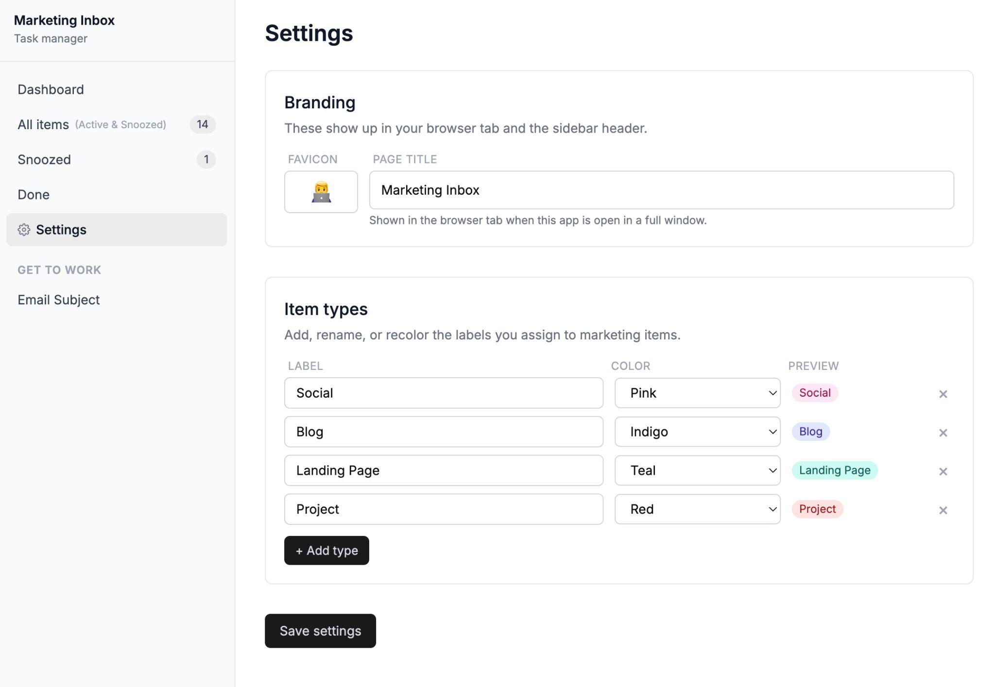 A screenshot of a "Marketing Inbox" settings page. It shows branding options, page title, and item types with labels and colors.