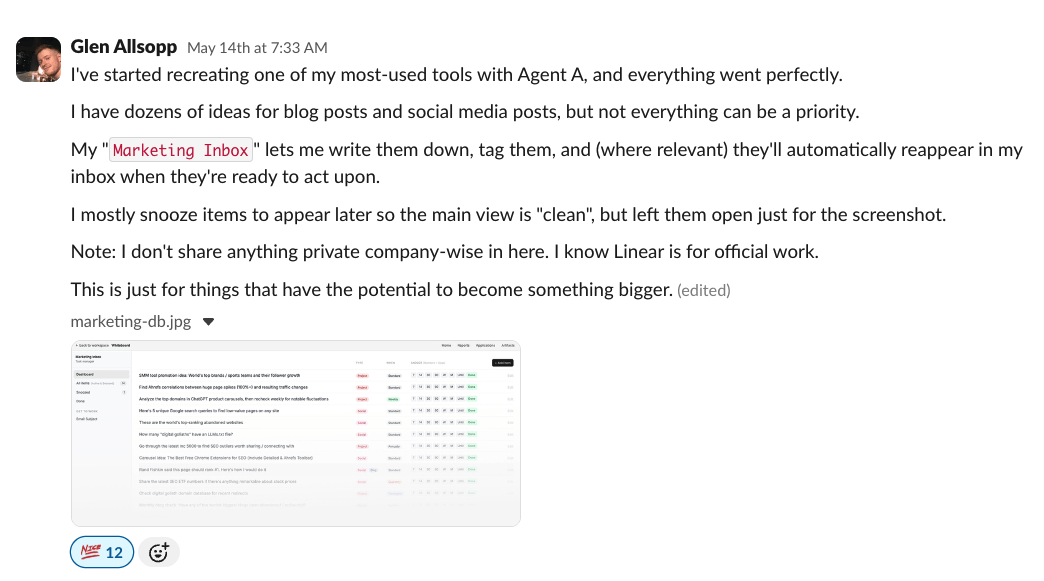 A screenshot of a Slack message from Glen Allsopp, describing a "Marketing Inbox" tool he created in Agent A for prioritizing blog and social media post ideas. The message includes an embedded image of the tool, resembling a spreadsheet with columns like "Title," "Project," "Status," and "Done."