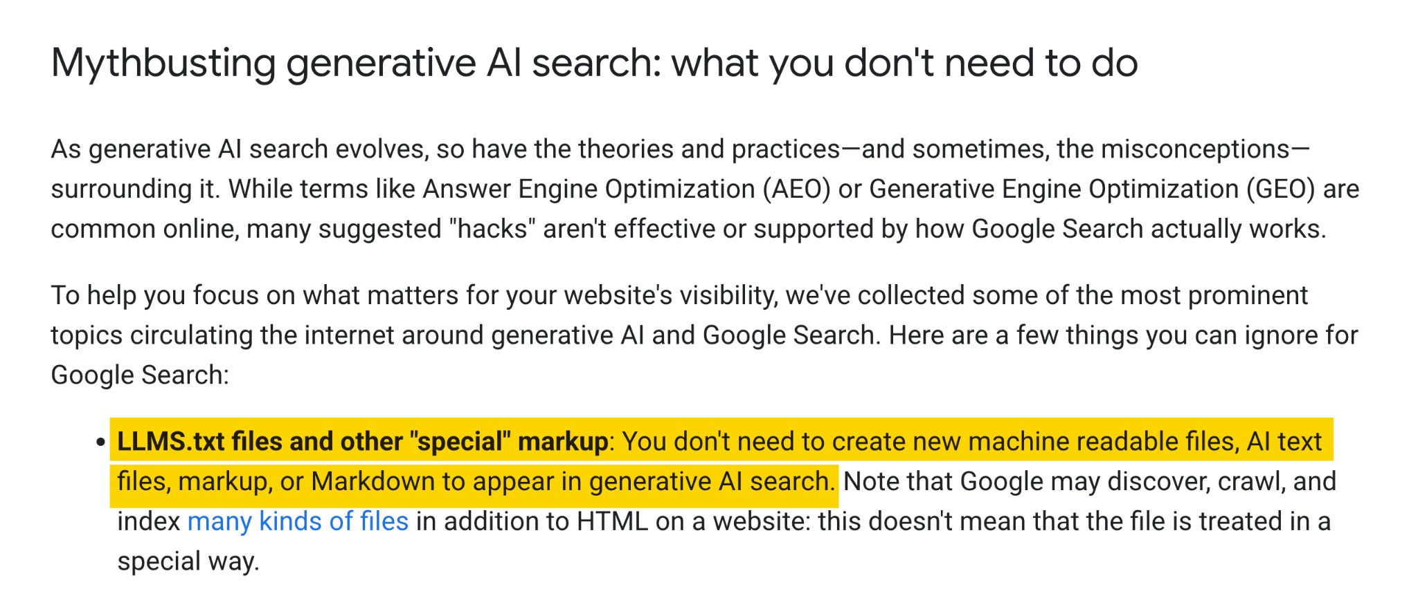 A text excerpt from "Mythbusting generative AI search: what you don't need to do." Highlighted text states you don't need special files or markup for generative AI search.