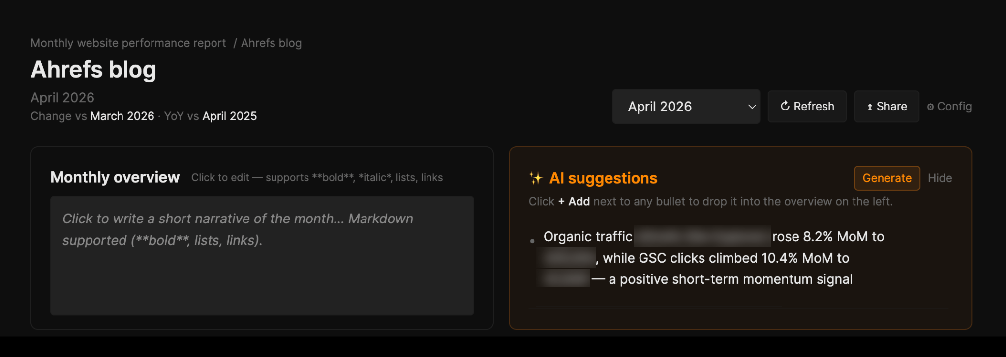 A webpage displaying a monthly performance report for 'Ahrefs blog' with AI-generated content suggestions.