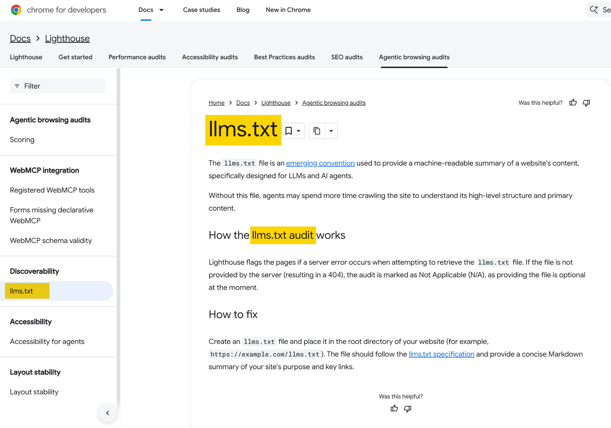 A webpage titled "llms.txt" on Chrome for developers, under a "Lighthouse > Agentic browsing audits" section.
