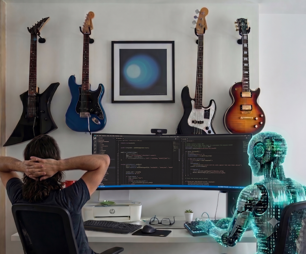 AI generated image of me sitting next to a ephemeral ai agent coding something