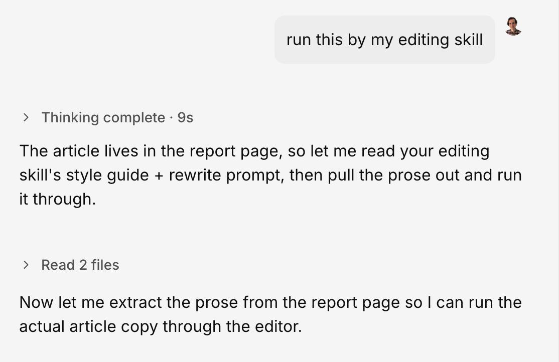 Calling a saved editorial style guide as a skill