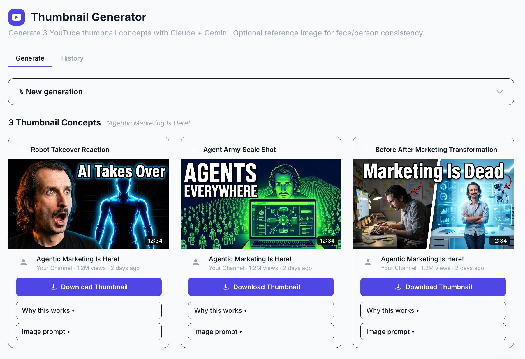 Agent A Thumbnail Generator showing three thumbnail concepts for a video