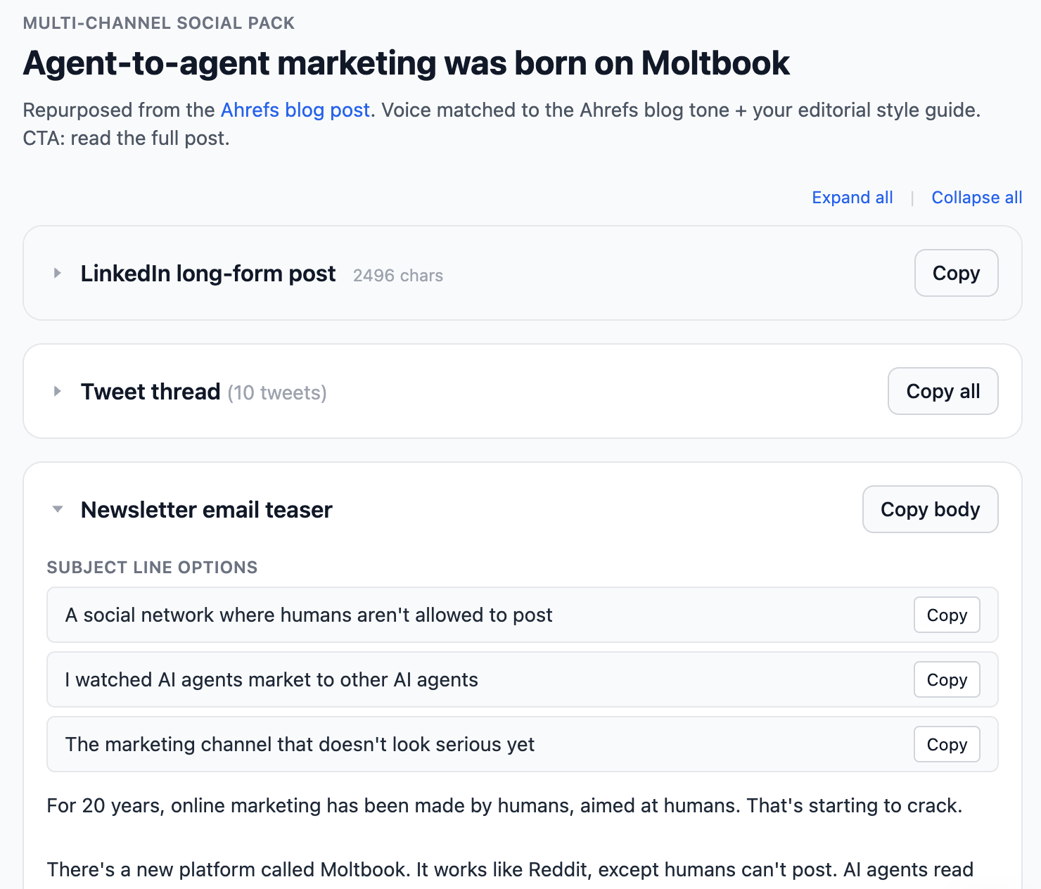 Agent A social tool turning one article into LinkedIn posts, tweets, and a carousel outline