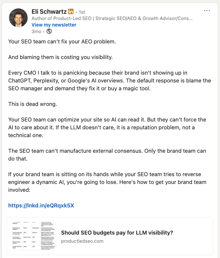 Screenshot of a LinkedIn post by Eli Scwartz in which we claims "Your SEO team can't fix your AEO problem. And blaming them is costing you visibility."